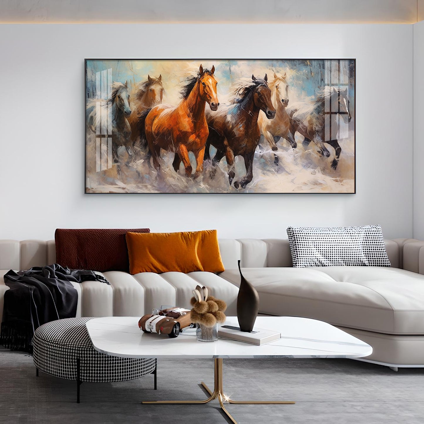 Jungle Running Horses Vastu Glass Finish Horizontal Wall Art