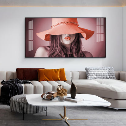 Modern Lady With Hat Glass Finish Horizontal Wall Art