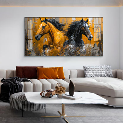 Two Horses Glass Finish Horizontal Wall Art