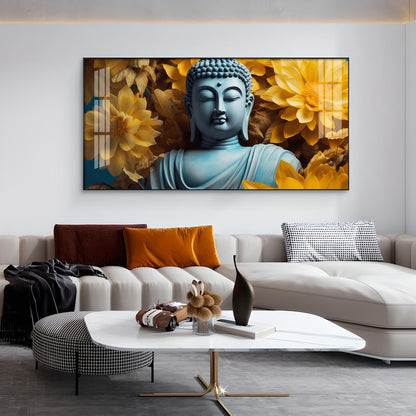 Majestic Buddha With Flower Glass Finish Horizontal Wall Art