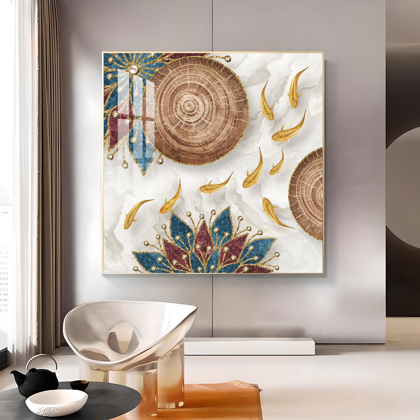 Ivory and Gold Fish Harmony Glass Finish Square Wall Art