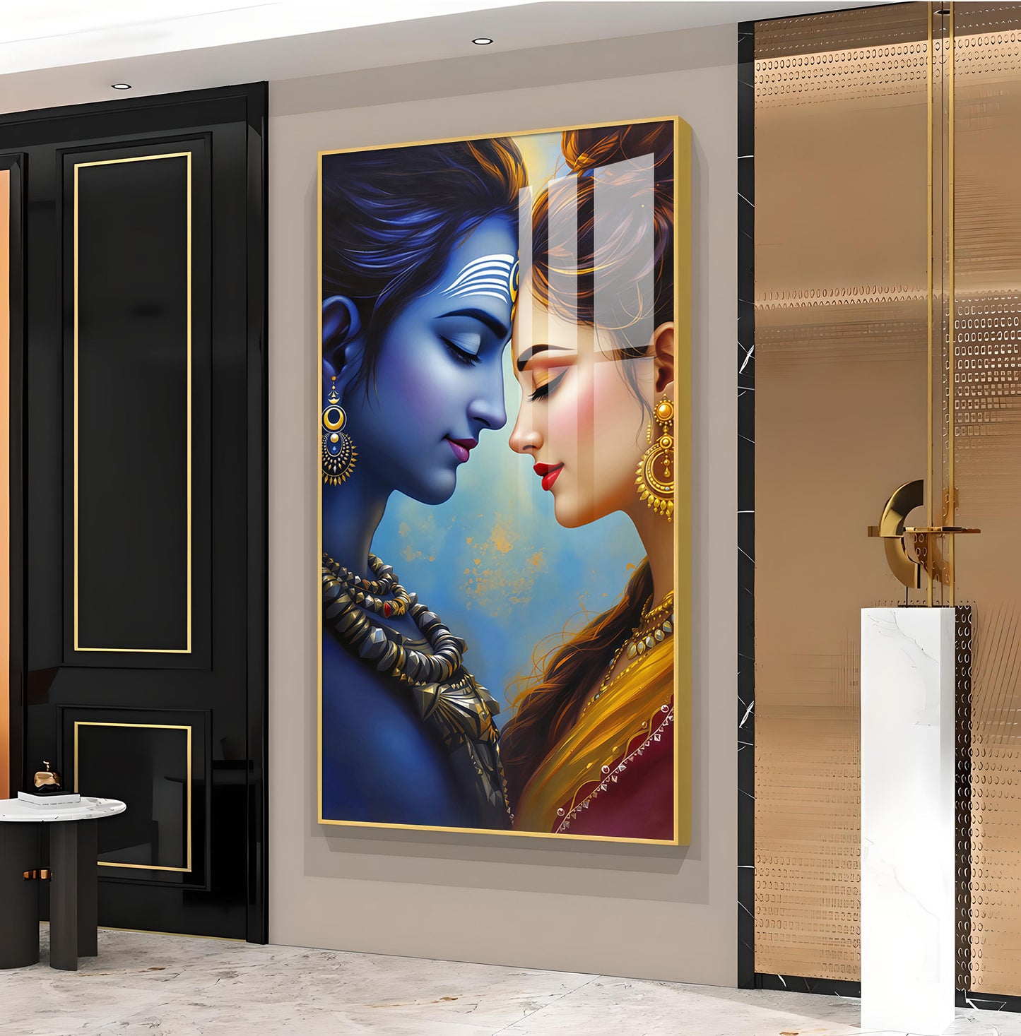Lord Shiva and Goddess Parvati Glass Finish Vertical Wall Art