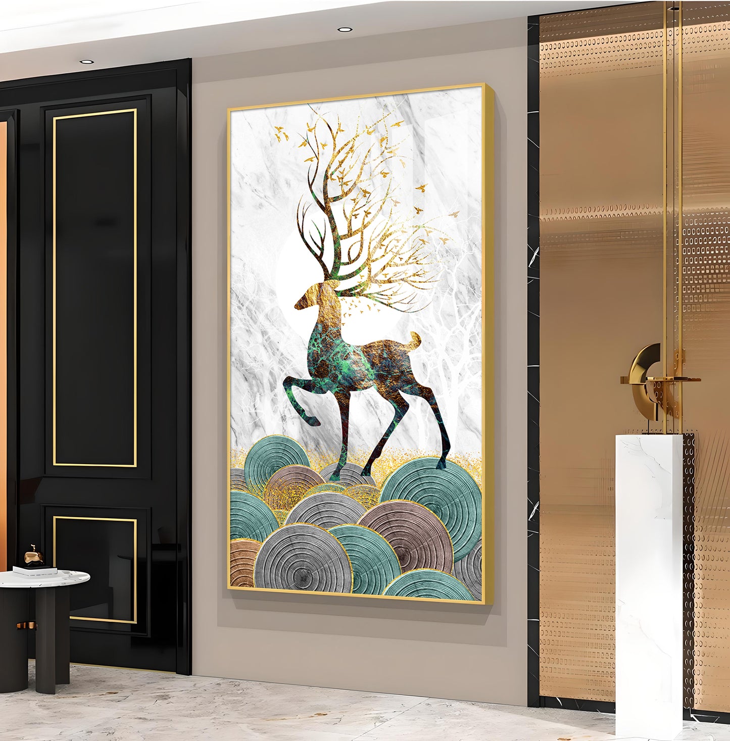 Deer and Its Branches Glass Finish Vertical Wall Art