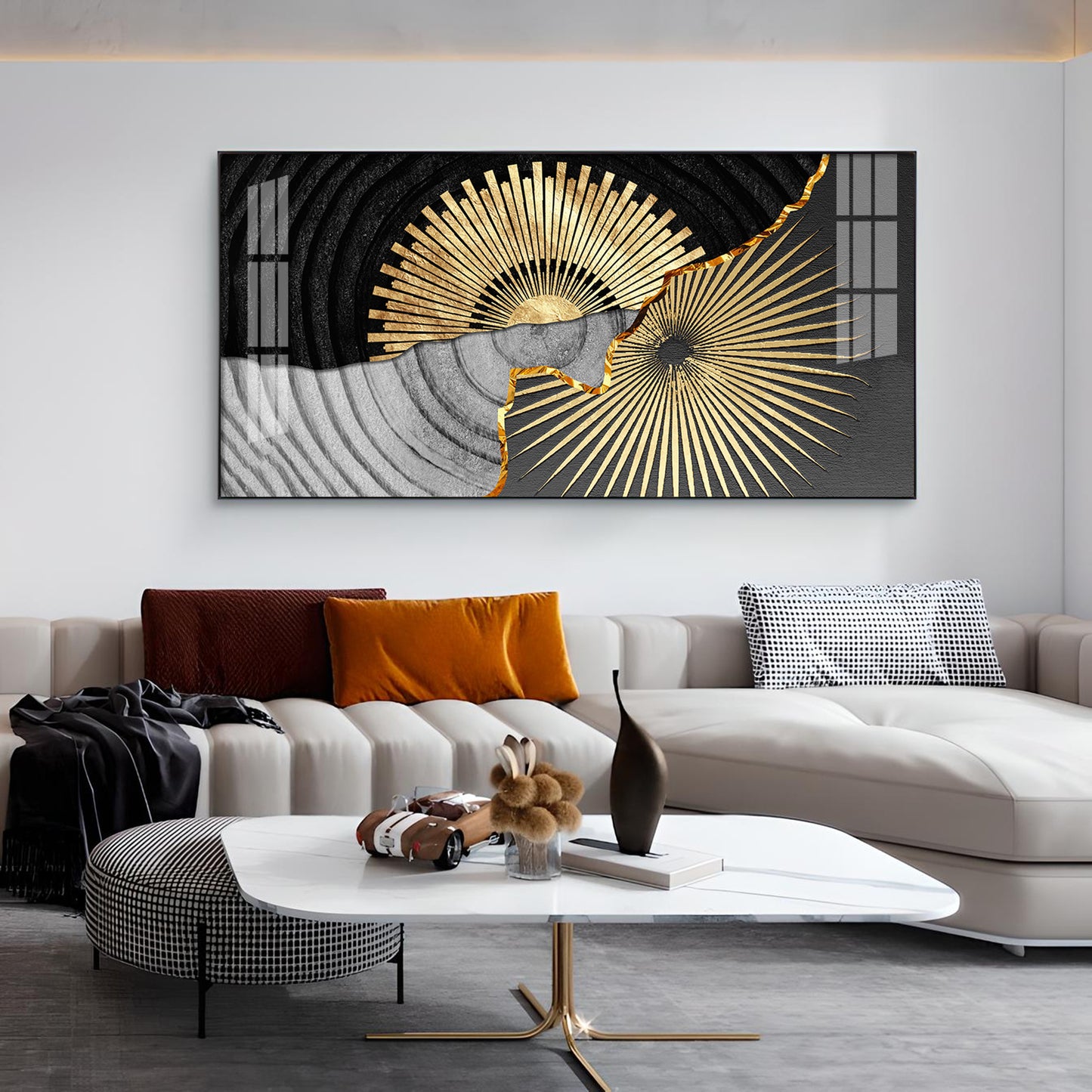 Golden Texture Fusion Glass Finish Horizontal Wall Art