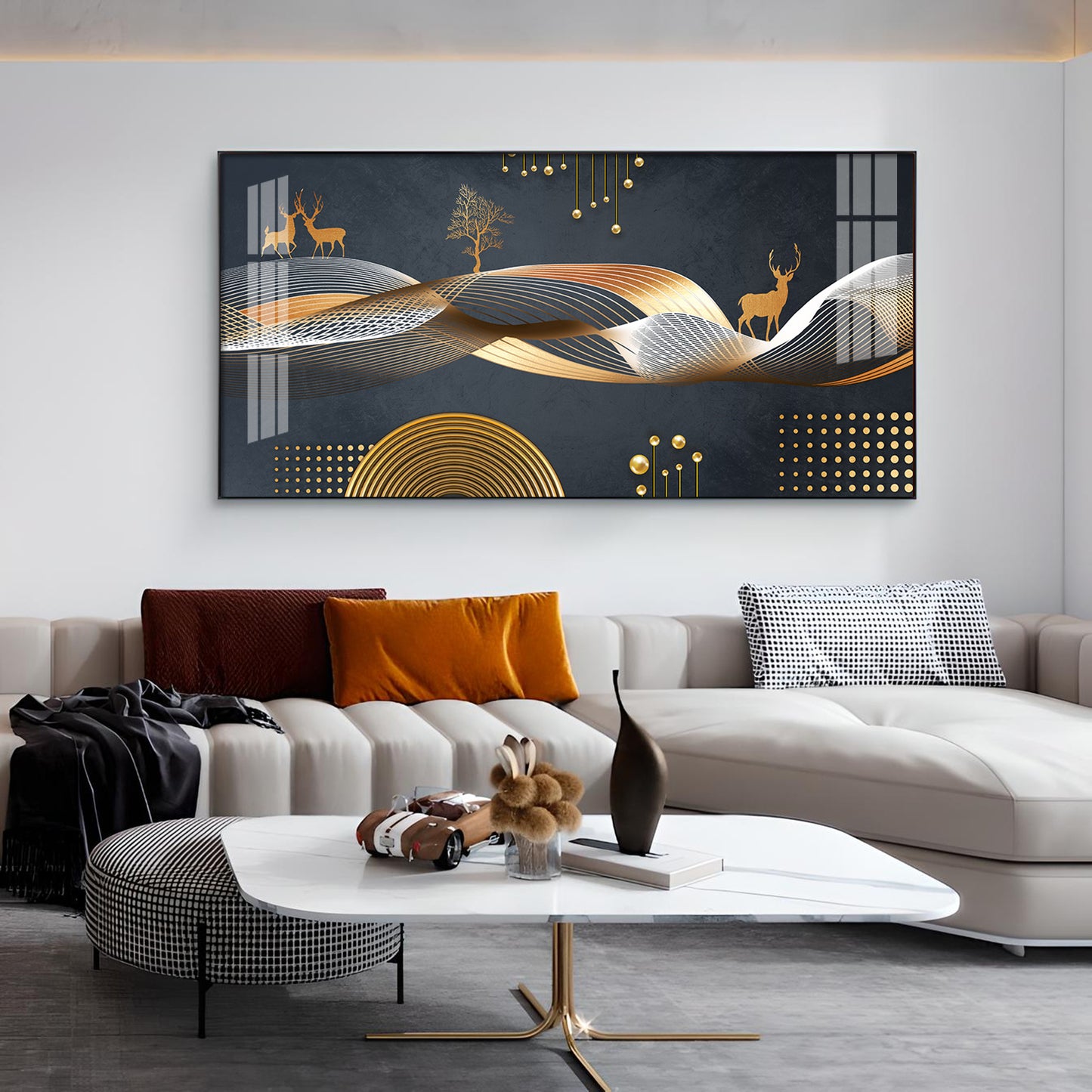 Night Landscape With Golden Deer Glass Finish Horizontal Wall Art