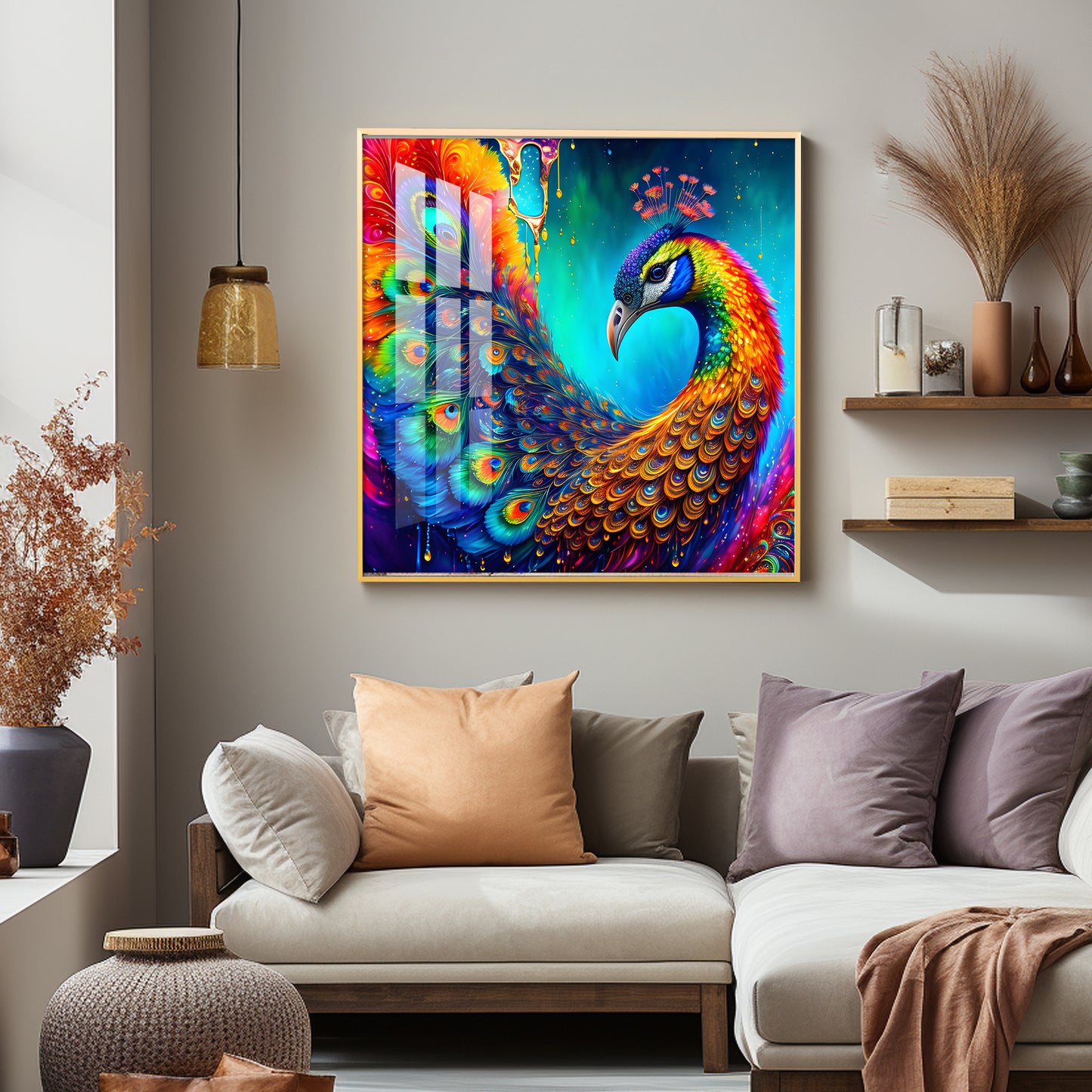 Peacock Elegance Glass Finish Square Wall Art