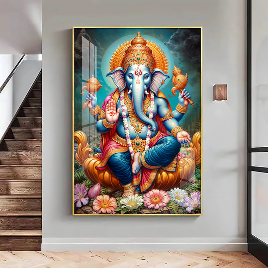 Ganesha's Blessing Glass Finish Vertical Wall Art