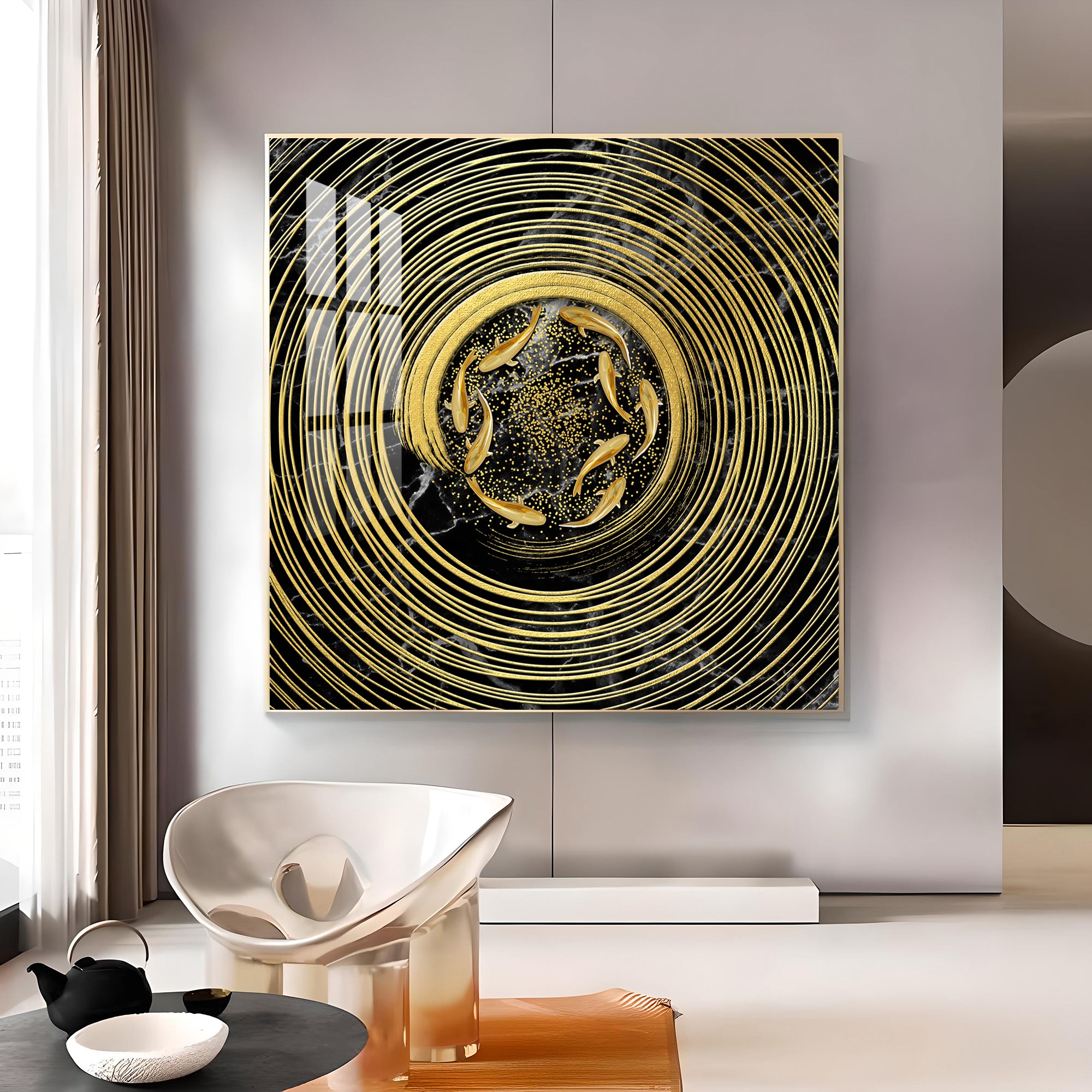 Noir & Gold Fish Glass Finish Square Wall Art