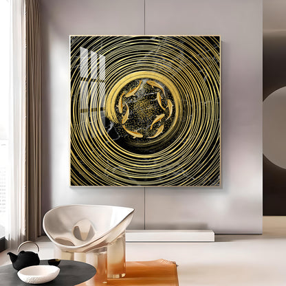 Noir & Gold Fish Glass Finish Square Wall Art