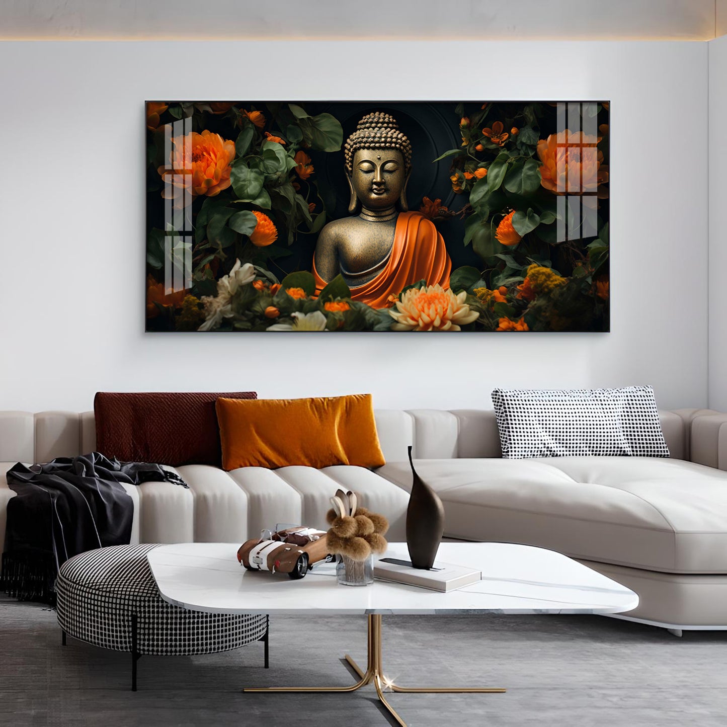 Luminous Buddha With Flower Glass Finish Horizontal Wall Art