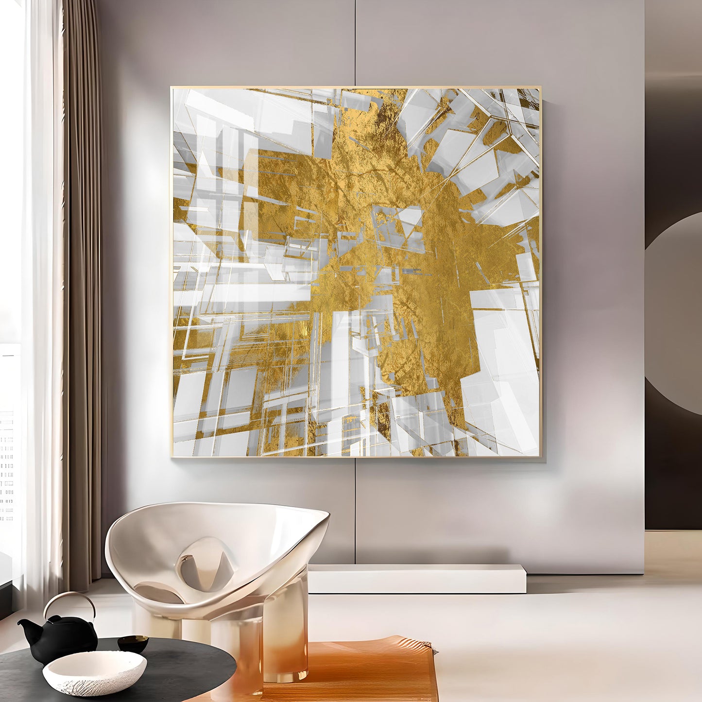 Symphony in Gold and White Glass Finish Square Wall Art