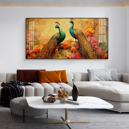 Two Peacock With Flower Background Glass Finish Horizontal Wall Art