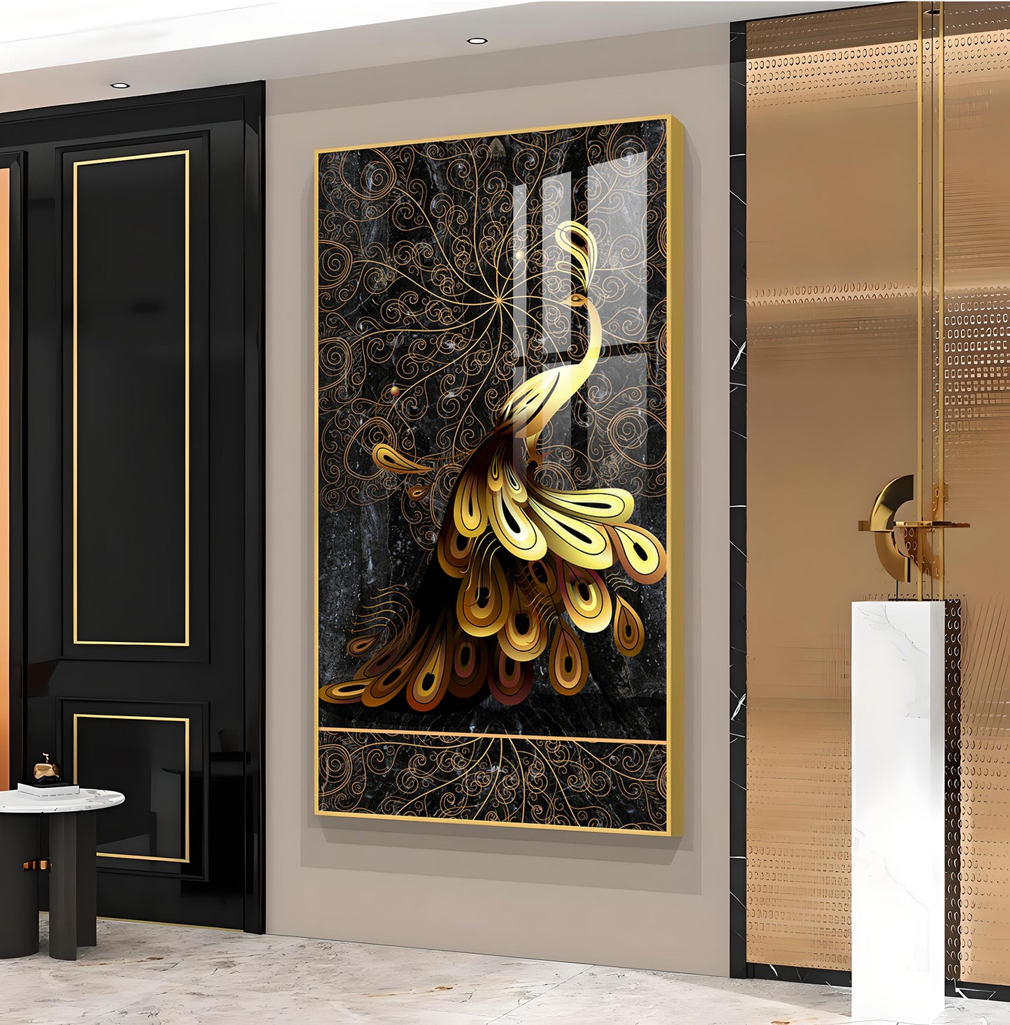 Golden Veil Peacock Glass Finish Vertical Wall Art