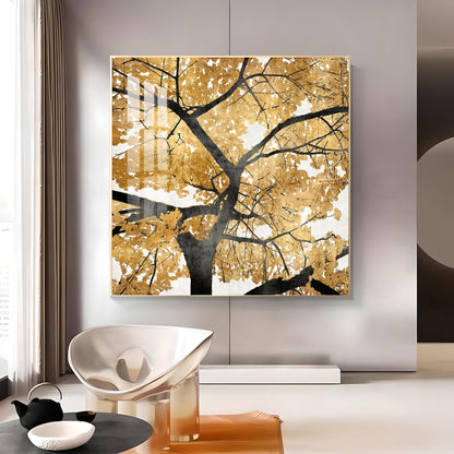 Radiant Tree of Gold Glass Finish Square Wall Art