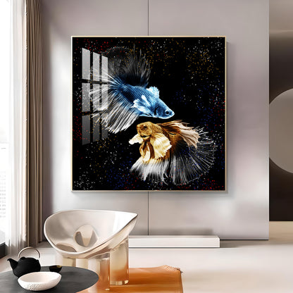 Obsidian Two Fishes Glass Finish Square Wall Art