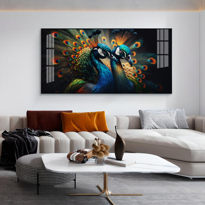 Peacock Duo Glass Finish Horizontal Wall Art