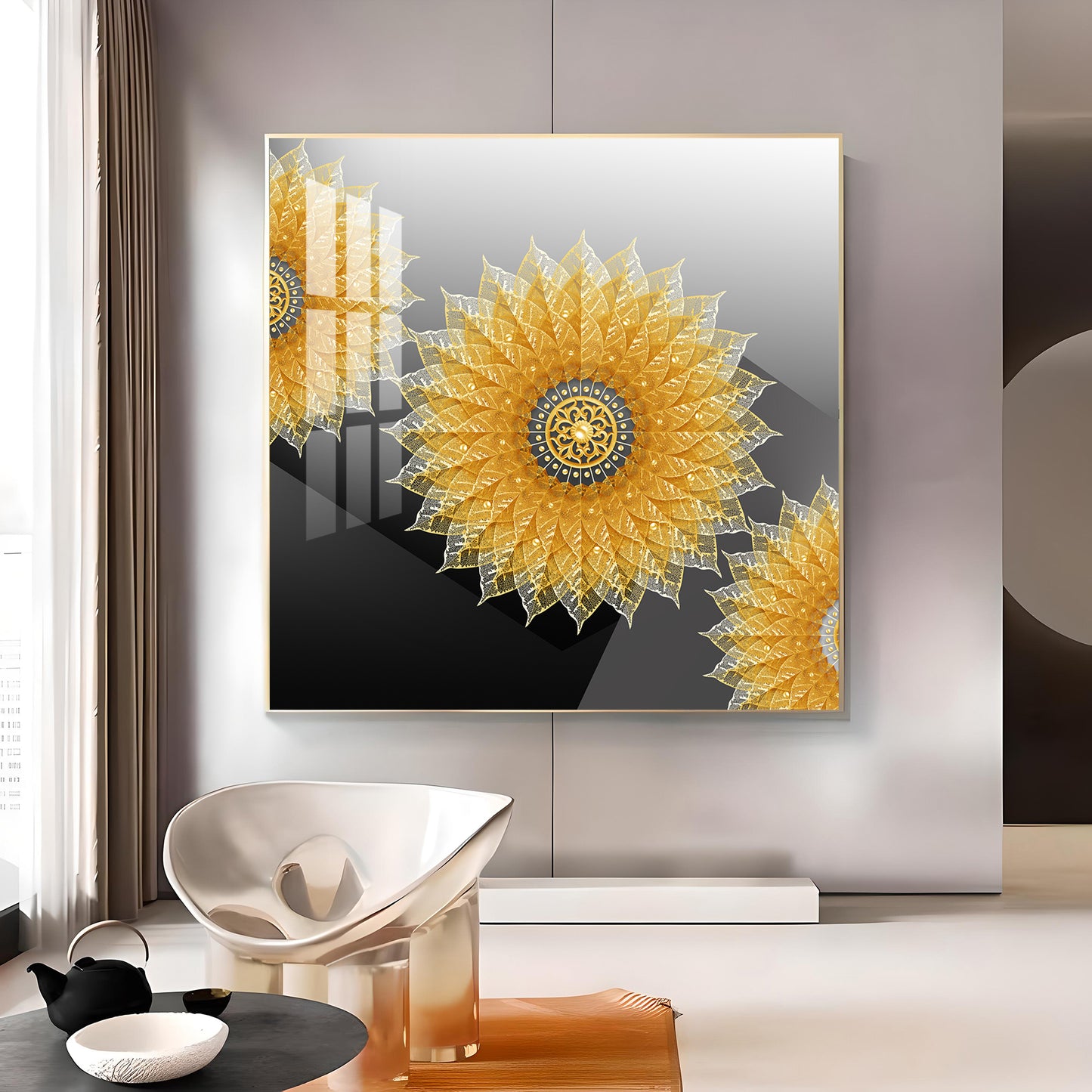 Golden Bloom Glass Finish Square Wall Art