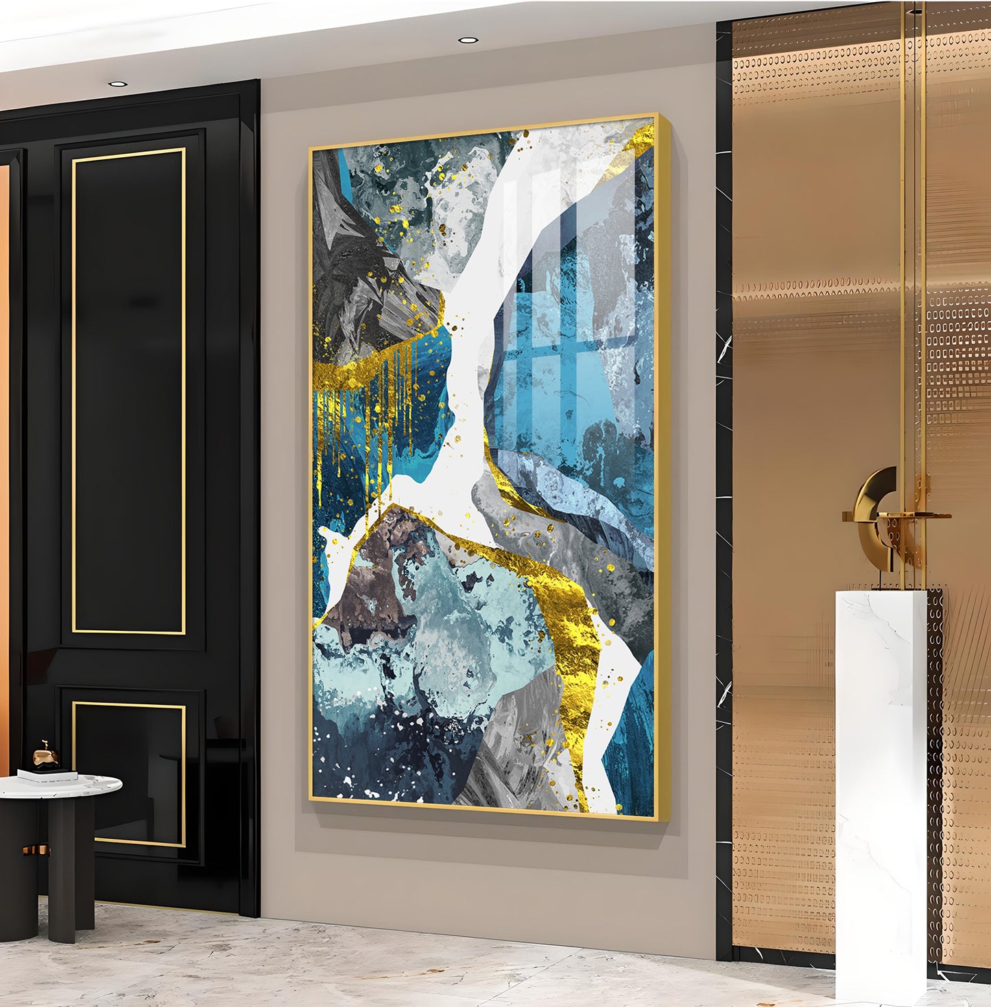 Gold and Blue Abstraction Glass Finish Vertical Wall Art