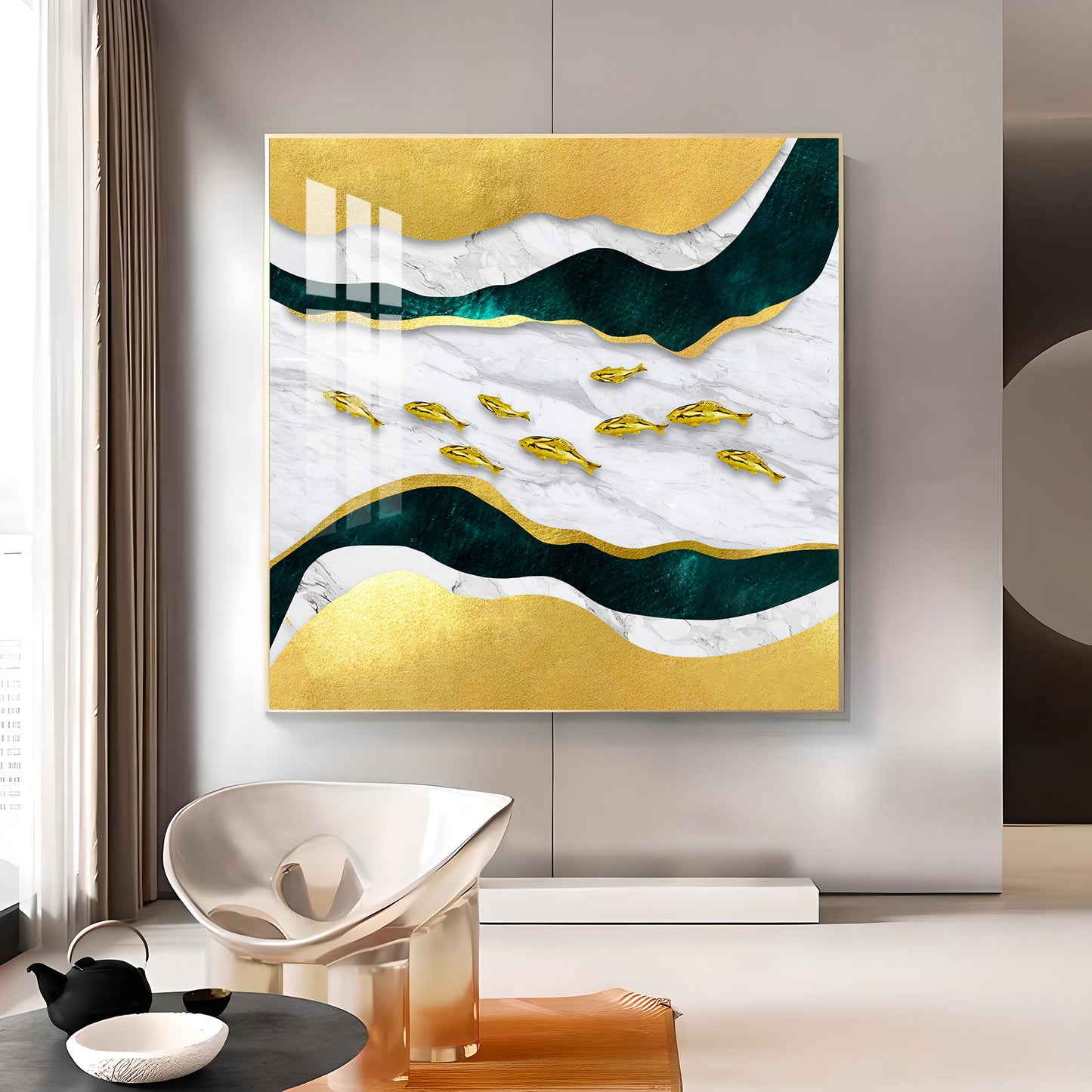 Golden Abstraction Of Fishes Glass Finish Square Wall Art