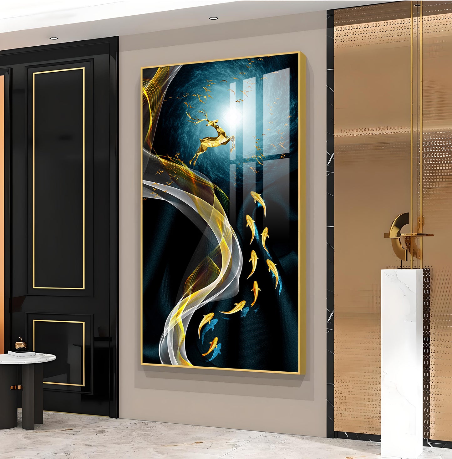 The Golden Swim Glass Finish Vertical Wall Art