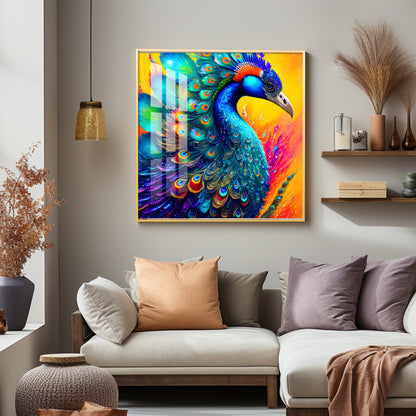 Radiant Peacock Glass Finish Square Wall Art