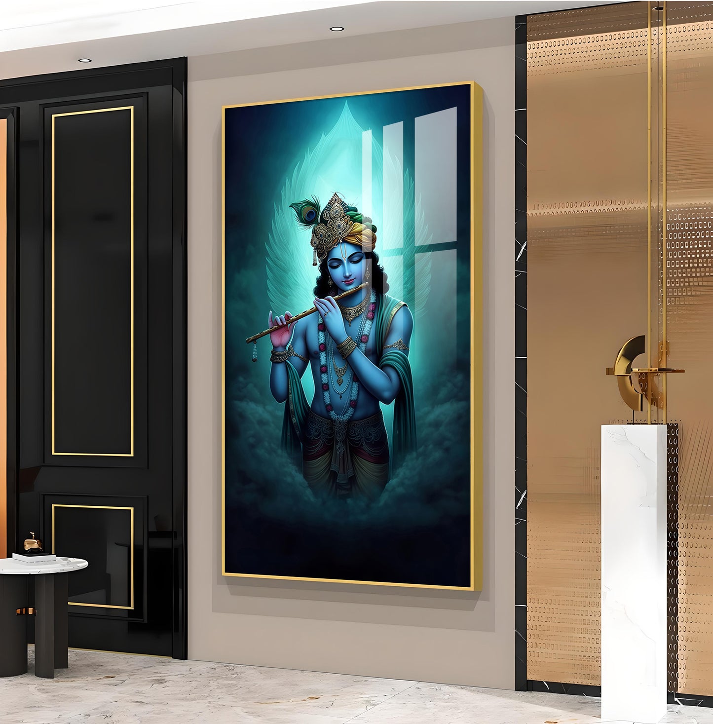 Spiritual Krishna In Vibrant Color Glass Finish Vertical Wall Art