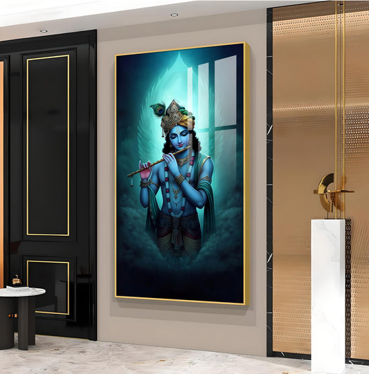 Spiritual Krishna In Vibrant Color Glass Finish Vertical Wall Art