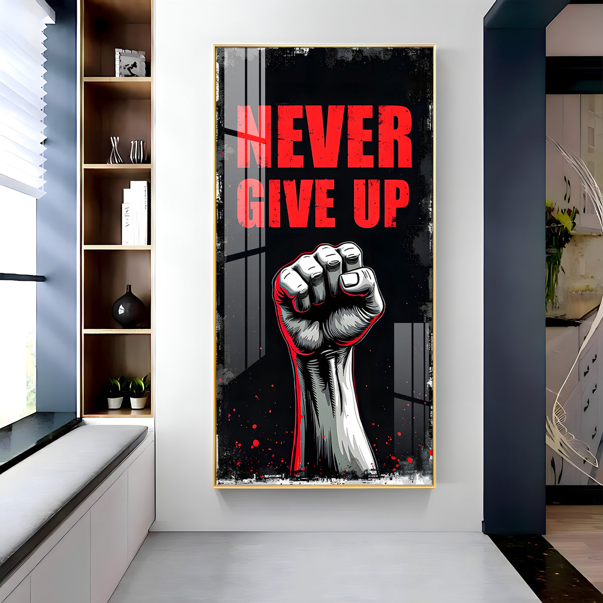 Never Give Up Glass Finish Vertical Wall Art