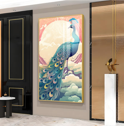 Heavenly Peacock Vista Glass Finish Vertical Wall Art