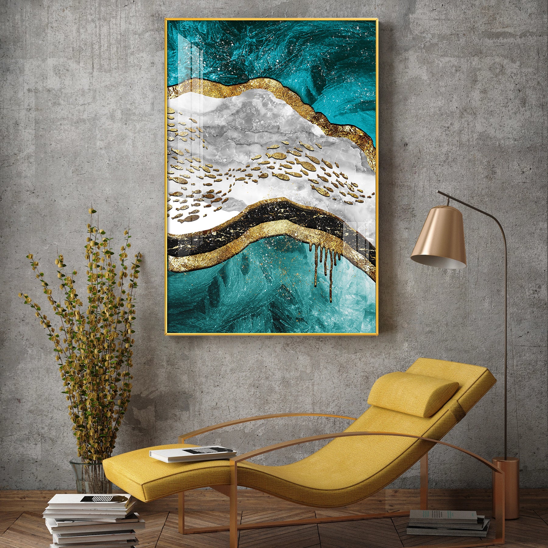 Aqua Gold Cascade Glass Finish Vertical Wall Art