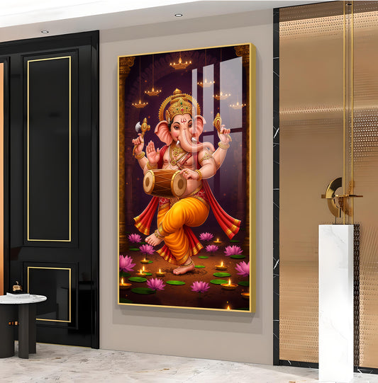 Hindu God Ganesh Glass Finish Vertical Wall Art