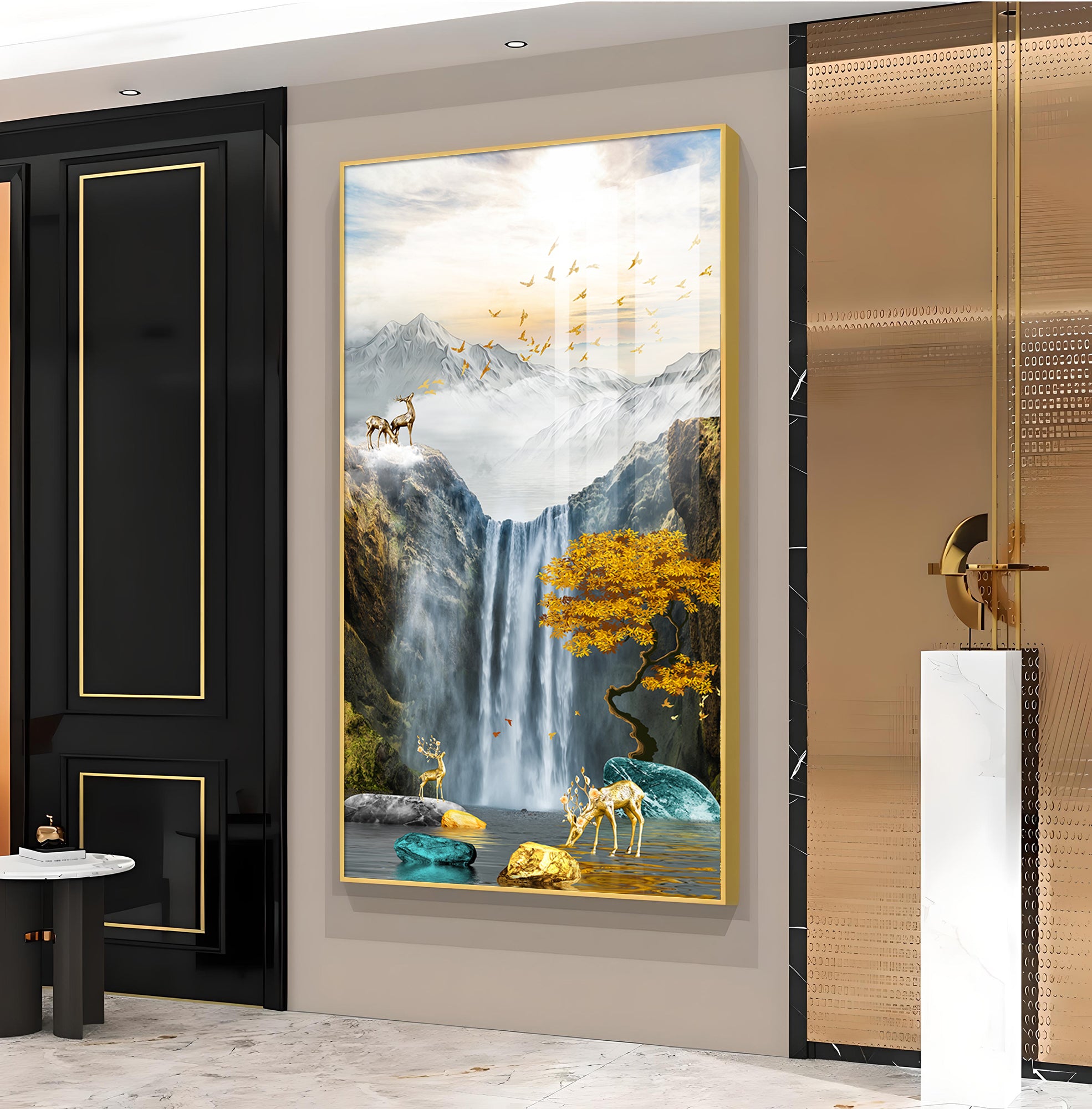 Alpine Gold Reindeer Waterfall Glass Finish Vertical Wall Art