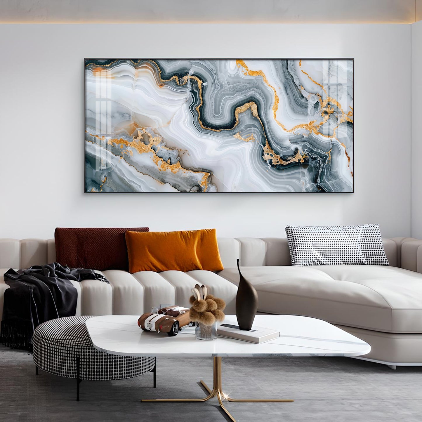 Modern Abstract Golden & Gray Glass Finish Horizontal Wall Art