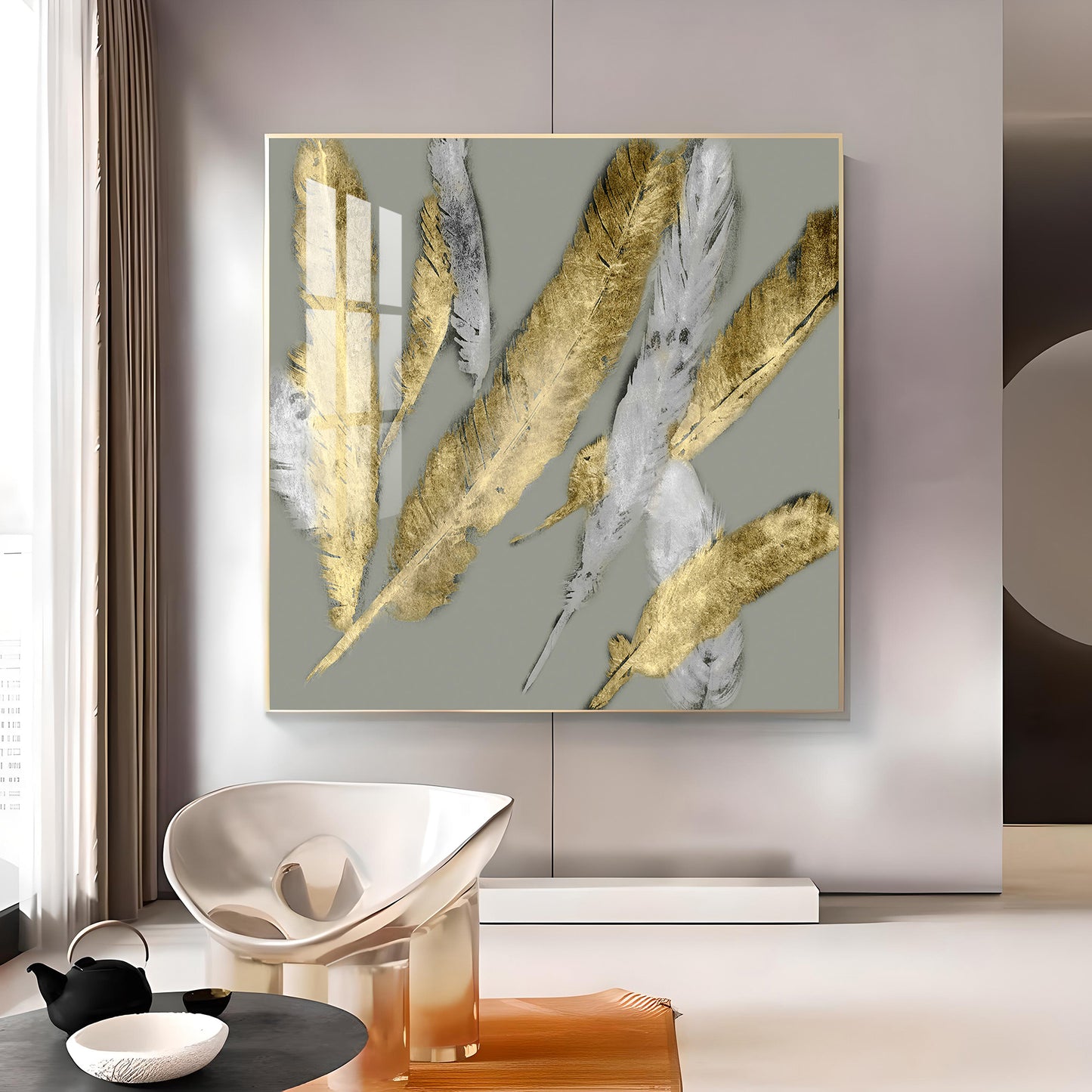 Feathered Elegance Glass Finish Square Wall Art