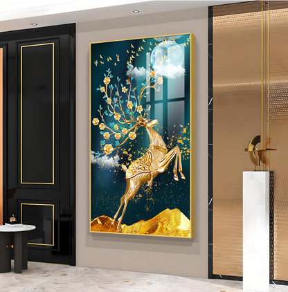 Golden Antlers and Blossoms Glass Finish Vertical Wall Art