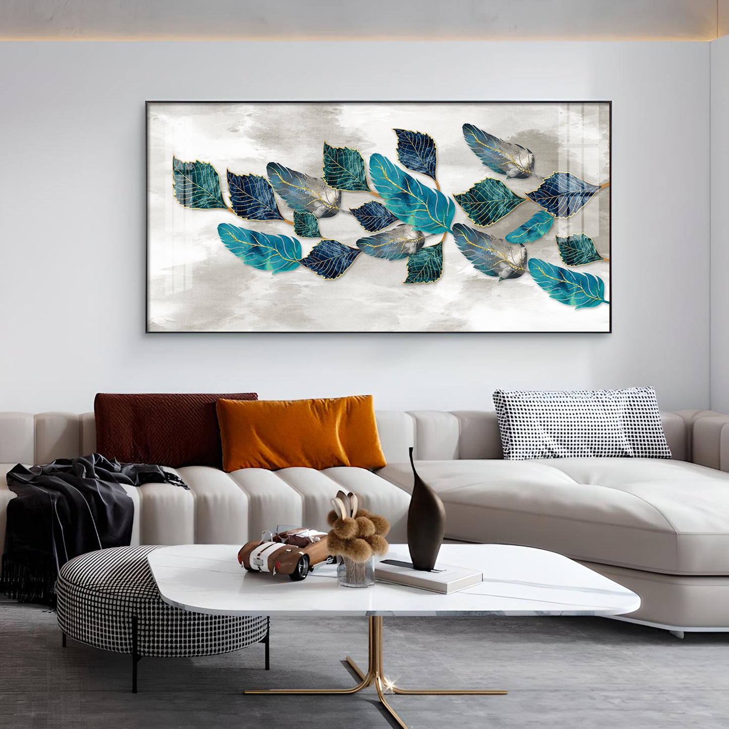 Turquoise Greay Leaves Glass Finish Horizontal Wall Art