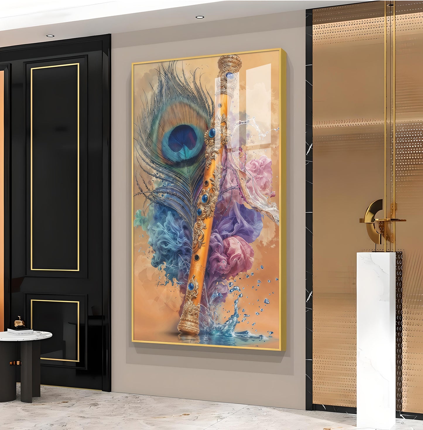 Peacock Feather With Flute Glass Finish Vertical wall Art