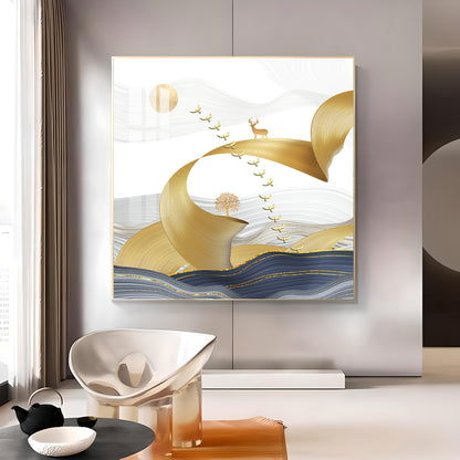 Golden Bird Above the Peaks Glass Finish Square Wall Art