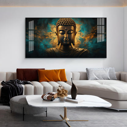 Lord Buddha Golden Glass Finish Horizontal Wall Art