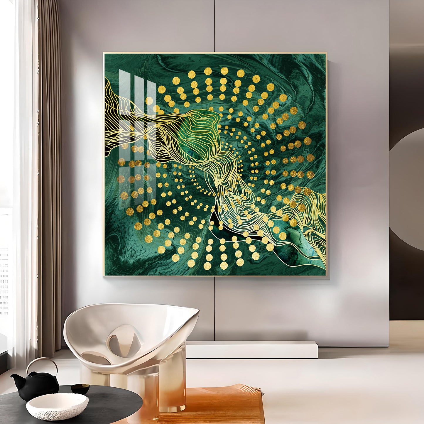 Emerald Abstraction Glass Finish Square Wall Art