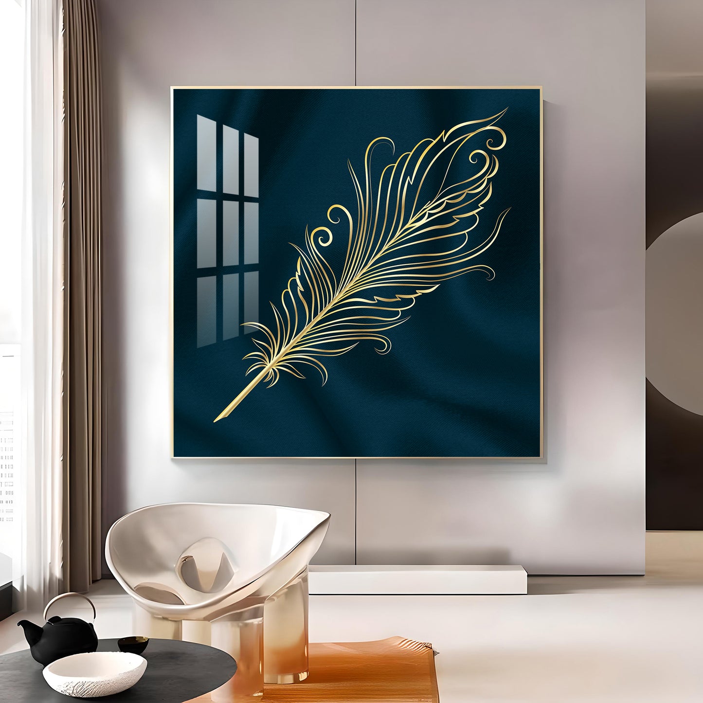 Feather on Azure Glass Finish Square Wall Art