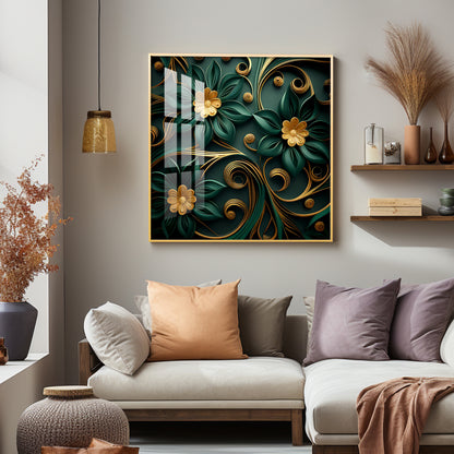 Emerald Garden Flower Glass Finish Square Wall Art