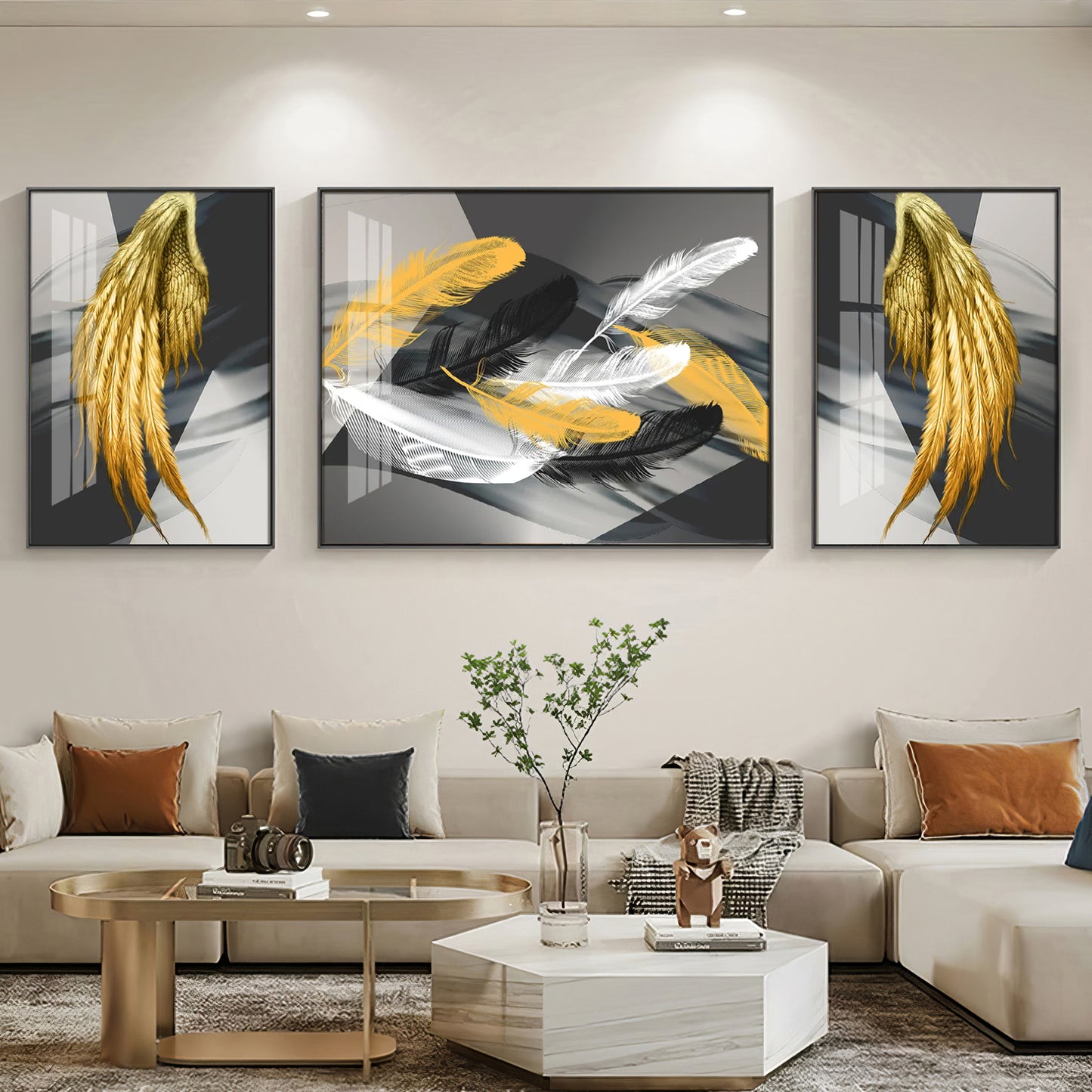 Golden & White Feather Glass Finish Wall Art (Set Of 3)