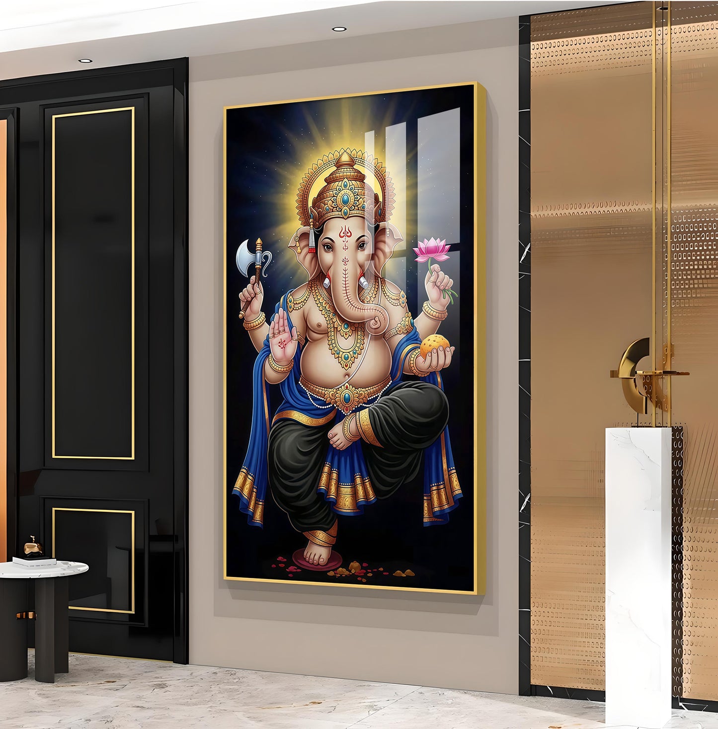 Om Gan Ganpataye Glass Finish Vertical Wall Art