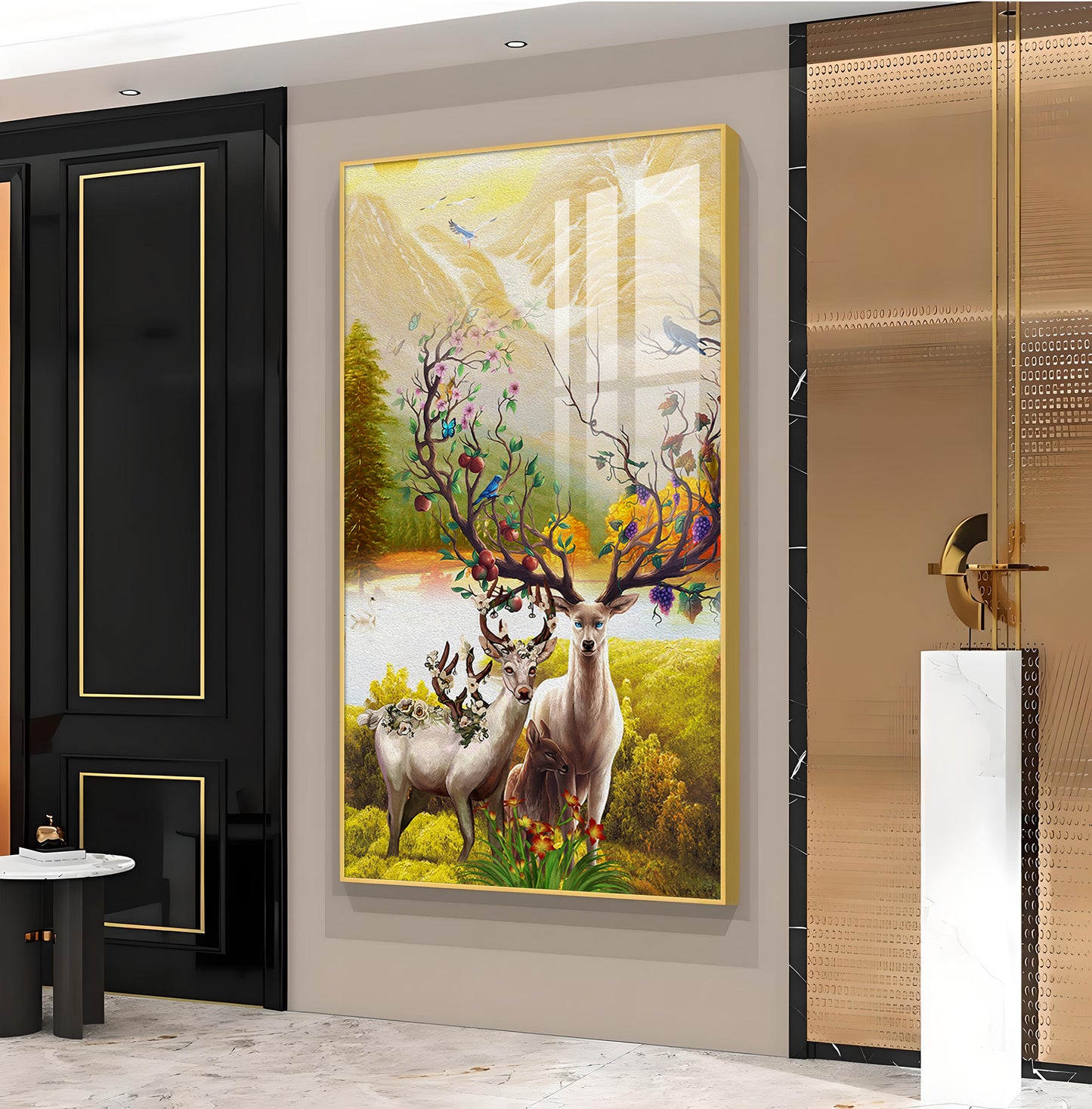 Portrait of Deer and Blossoms Glass Finish Vertical Wall Art