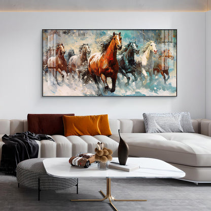 Running Horses Vastu Glass Finish Horizontal Wall Art