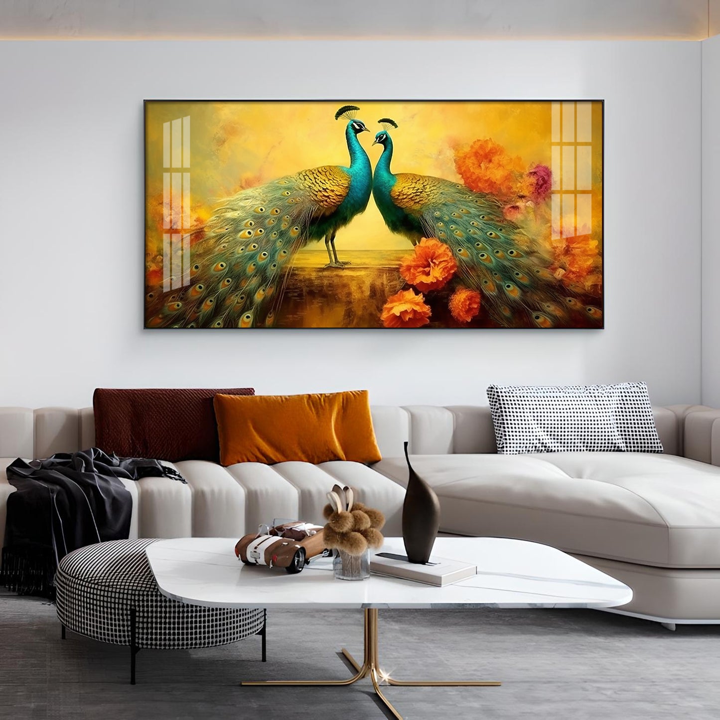 Peacocks With Flower Background Glass Finish Horizontal Wall Art