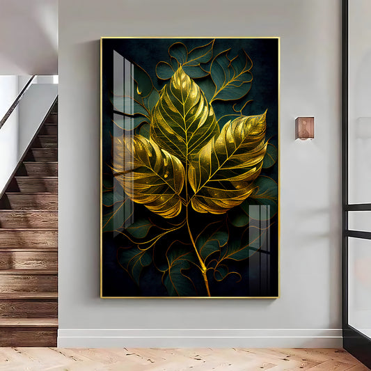 Golden Aura Leaf Glass Finish Vertical Wall Art