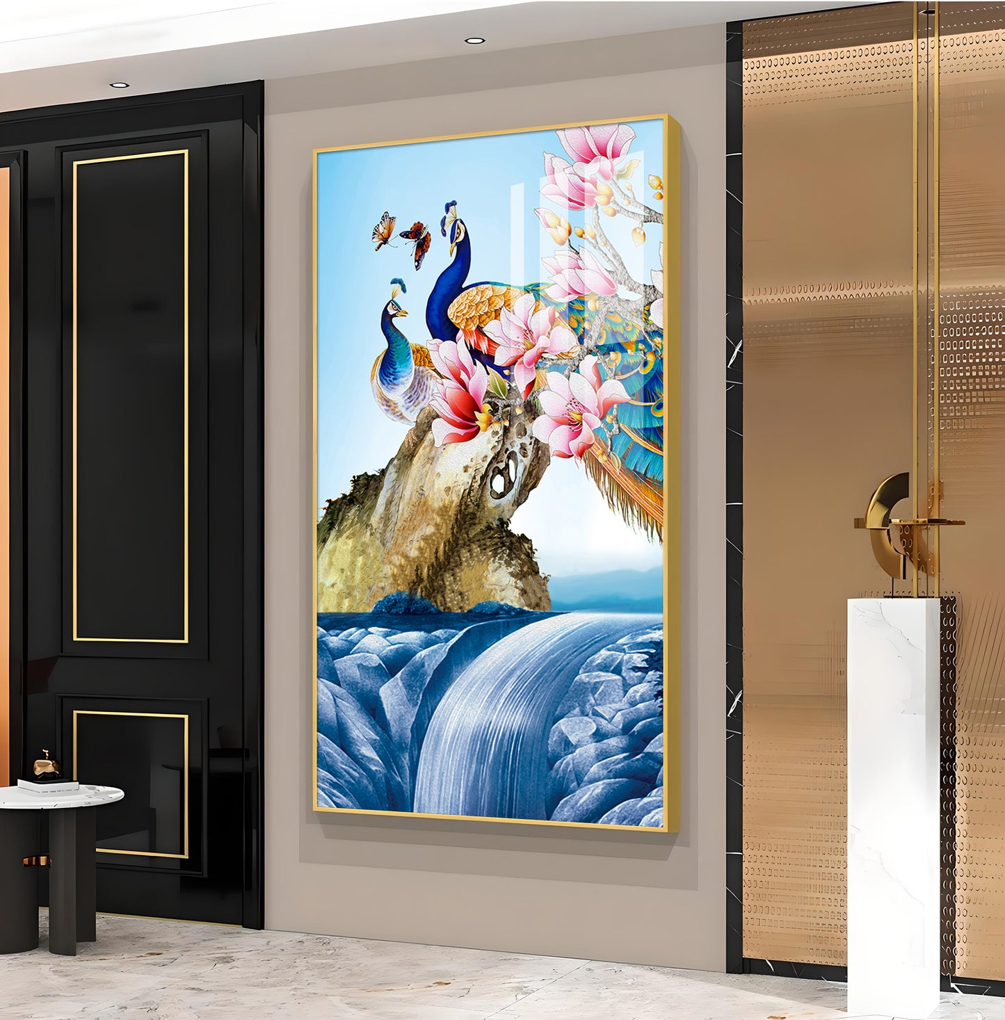 Peacock Amidst Floral Waters Glass Finish Vertical Wall Art