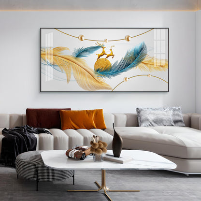 Golden Blue Feathers Glass Finish Horizontal Wall Art